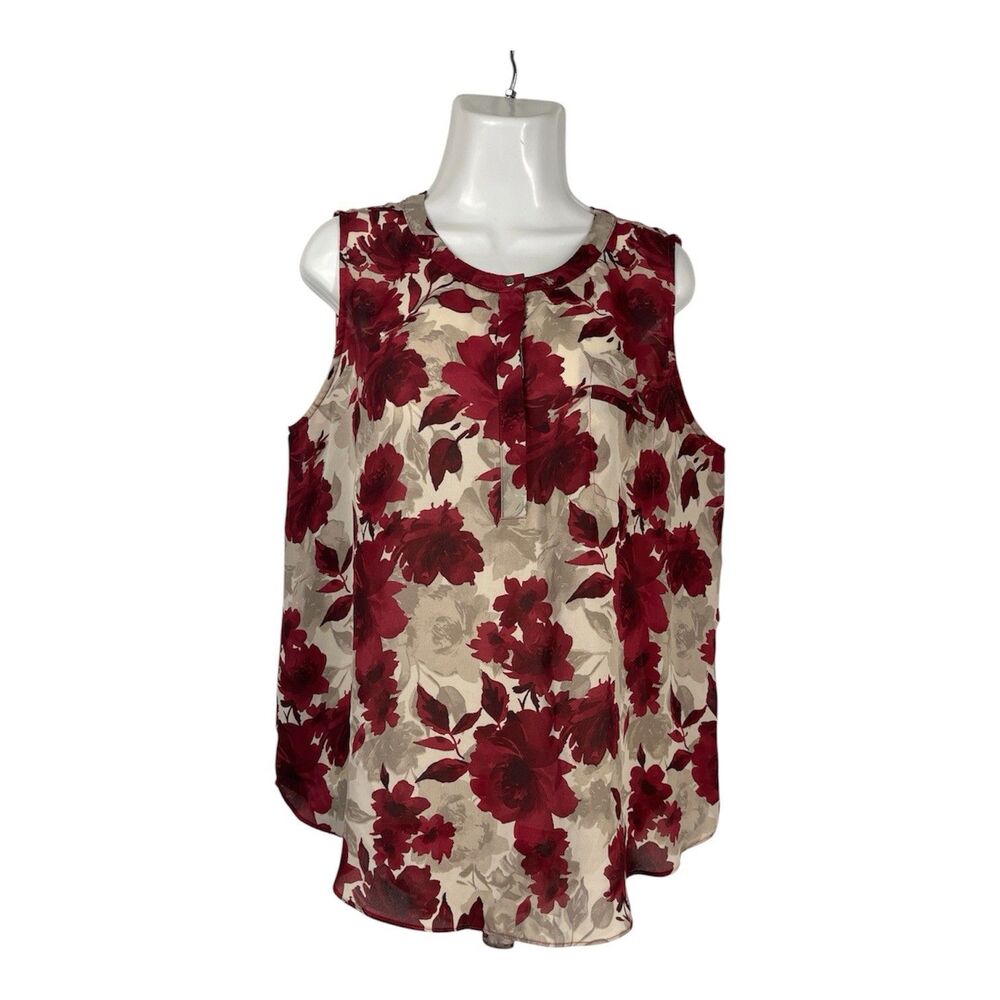 Sami & Jo Floral Blouse Women XL Red Burgundy Beige Sleeveless Shirt Top